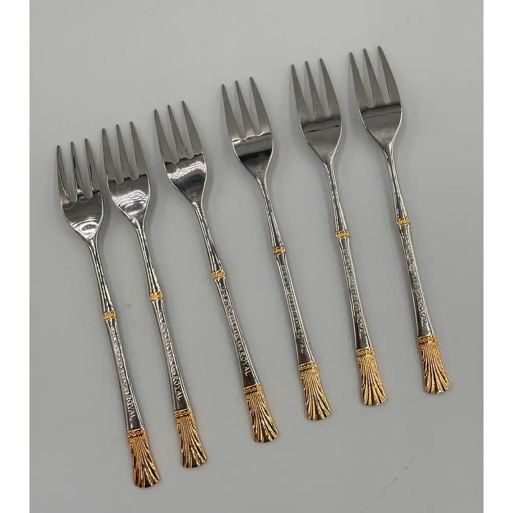 Baek San Royal Seafood Dessert Appetizer Stainless Steel Gold Trim Forks 6pc Set